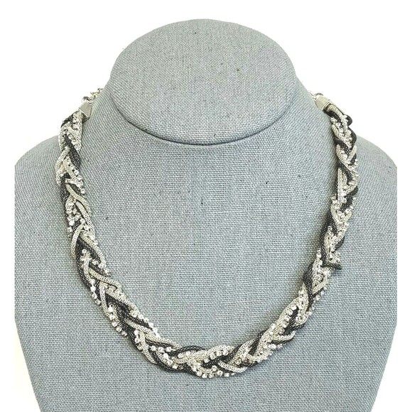 Dana Buchman Black Braided Rhinestone Necklace 14" Silver Tone Mesh 9 Strands - Picture 6 of 9